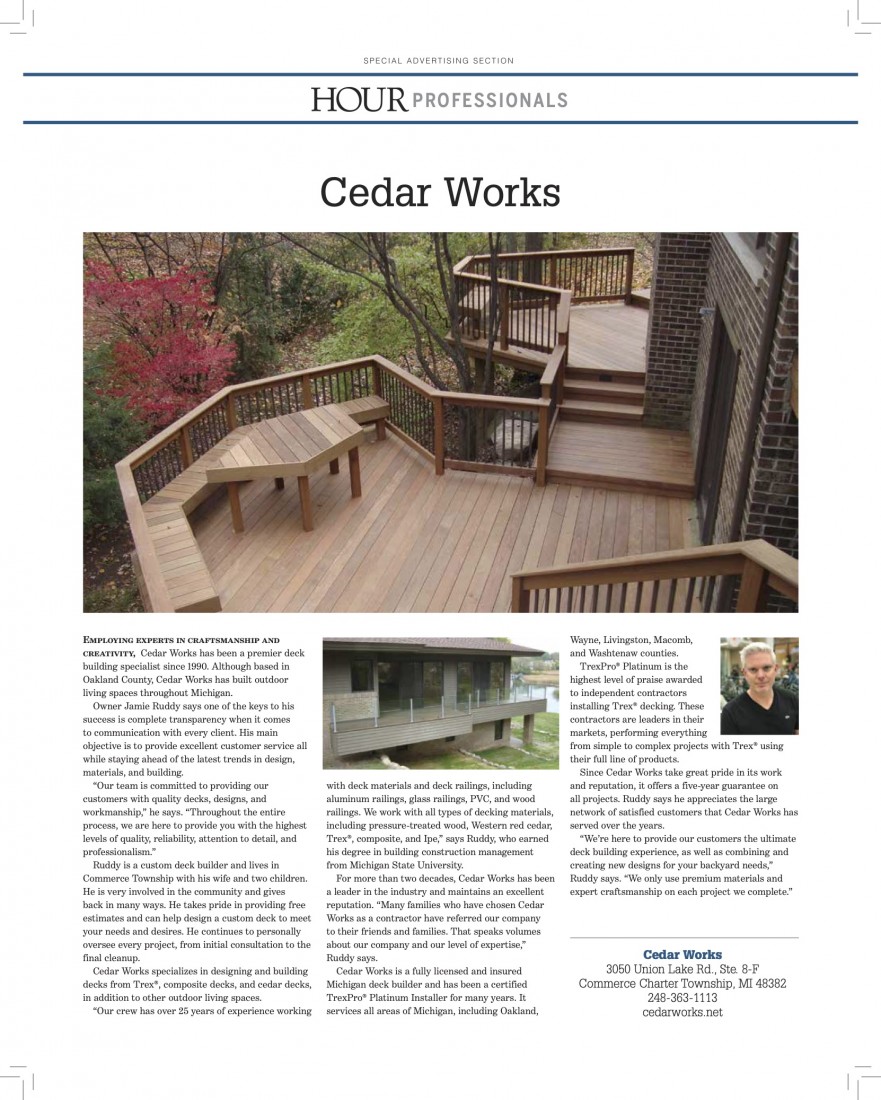 A screenshot of a news publication, praising Cedar Works deck builders