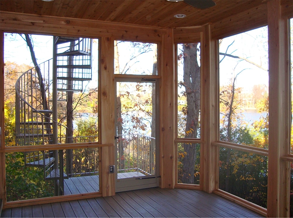 Screened-gazebo on a deck with a spiraling staircase