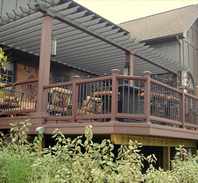 A pergola and deck combo designed and built by Cedar Works Deck Builders.